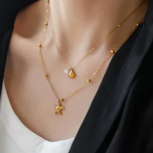 Fashion Pendant Accessories 18K Gold Plated Stainless Steel Double Layer Necklace Fashion Shell Starfish Pendant Necklace