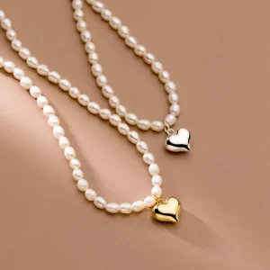 Fashion Pendant Necklace 925 Sterling Silver Natural Freshwater Pearl Necklace Heart Pendant Real Pearls Gold Plated Necklaces