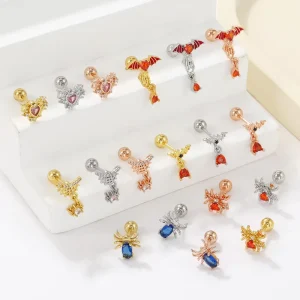 Fashion Piercing Halloween Gift Jewelry Spider Bat Shaped Shiny Zircon Ear Cartilage Stud Earrings for Party