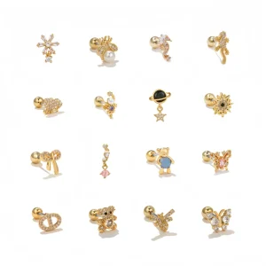 Fashion Piercing Jewelry Hypoallergenic Studs Earring Labret Nose Ring 18K Gold Plated Star Shiny CZ Earring for Daily