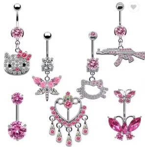 Fashion Pink CZ Navel Piercing Rings 316L Stainless Steel Butterfly Heart Dangle Belly Button Rings for Women Body Jewelry