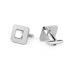 Fashion Polished Silver Finish Brass Mens Cuff Link Square Beaded Rim Square Crystal Inlay Cufflinks