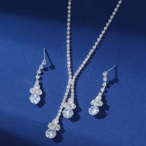 Fashion Popular Elegant Ladies Diamond Encrusted Crystal Pendant Necklace Earrings Set