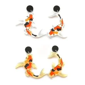 Fashion Printed Black Red Orange Koi Earring Chinese Style Acrylic Asymmetrical Goldfish Earrings Womens Earrings for Girl