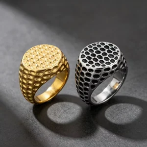 Fashion Punk Domed Hammered Texture Thumb Ring Vintage Blackened Wide Meteorite Pattern Stainless Steel Men’s Finger Ring