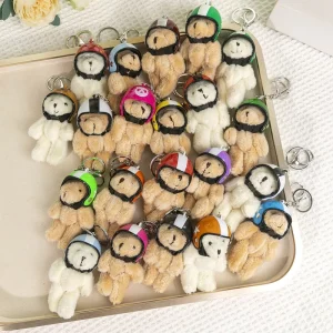 Fashion Punk Purse Charms Accessories Cute Helmet Plush Bear Decor Pendant Pearl Beads Bracelet Chain Bag Charms