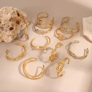 Fashion Punk Style Women’s Boutique PVD 18K Gold Stainless Steel Bracelet Irregular Silver Gold Mixed Color Bangles