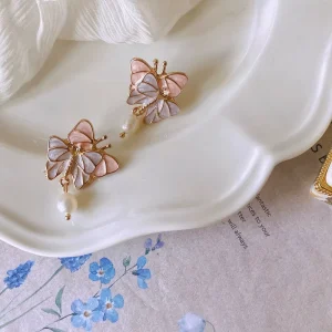 Fashion Purple Butterfly Drop Earrings Gold Plated Zinc Alloy Imitation Pearl Women’s Luxury Jewelry
