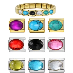 Fashion Purple White Blue Red Oval Zircon Italian Charm Beads Link Fit 9mm Stainless Steel Bracelet Making DIY Women Men Jewelry
