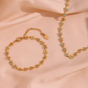 Fashion Retro Bracelet Stainless Steel 18K Gold Plated Blue Oil Dripping Flower Handmade Chain Necklace Euro American Style