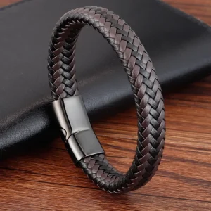 Fashion Retro Jewelry Two-Tone Braided Leather Bracelet Clasp Engravable Custom Engrave Name Logo Wrist Accessory
