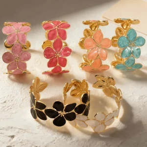 Fashion Retro Stainless Steel 18K Gold plated Flower Women’s Bracelet High quality Sweet Colored Enamel Daily Party Jewelry Gift