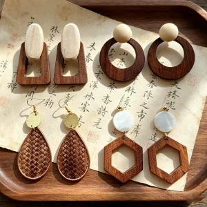 Fashion Retro Wooden Bohemia Stud Earrings for Women Geometric Design Joker Temperament