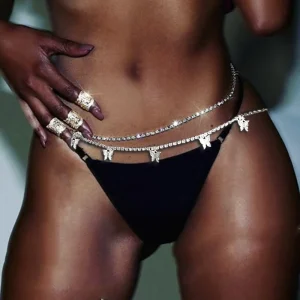 Fashion Rhinestone Alloy Body Jewelry Women’s Sexy Butterfly Pendant Belly Button Double-deck Bikini Waist Chain Gold Plated