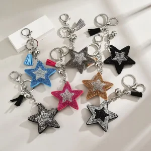 Fashion Rhinestone Bling Star Crystal Keychain Women Bag Pendant Tassel Accessories Leather Key Ring Five Pointed Key Chain Gift