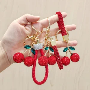 Fashion Rhinestone Crystal Red Cherry Keychain Cute Cherry Crystal Wristlet Key Ring for Bag Car Accessories