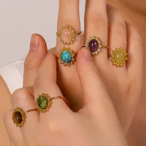 Fashion Ring Jewelry Stainless Steel 18K Gold Plated Natural Stone Inlay Geometric Open Adjustable Ring for Women