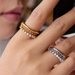 Fashion Rings 18K Gold Plated White Zircon Tassel Stainless Steel Ring Creative Stackable Women’s Jewelry Waterproof Rings