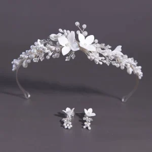 Fashion Romantic Ceramic Flower Pearl Wedding Headpiece Headband and Earring Set for Women