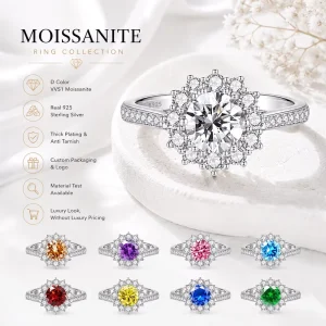 Fashion Round 1ct Moissanite Sunflower Halo Ring S925 Sterling Silver Colorful Birthday Mother Day Gift for Girls Boutique