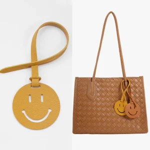 Fashion Round Smile Face Pendant Keychain PU Leather Bag Charm for Women Handbags Decoration Accessories