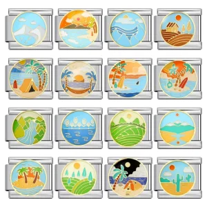 Fashion Round Swimming Ring Sun Umbrella Beach Rainbow Italian Charm Links Fit 9mm Bracelet Stainless Steel DIY Jewelry Making