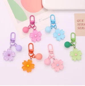 Fashion Sakura Keychain Metal Keychain Acrylic Key Chains Women Gifts Bag Charm Pendant PVC Key Ring Candy Color Flower Keychain