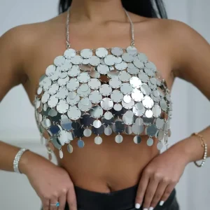 Fashion Sexy Body Jewelry New Nightclub Pure Handmade Backless Slim Top Silver Sequin Bikini Bra Body Jewelry Party