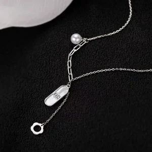Fashion Shell Jewelry 925 Sterling Silver Splicing Paperclip Chain Women Simple Pearl Necklace for Gift