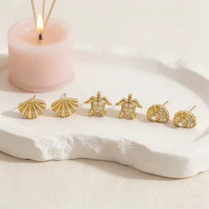 Fashion Shell Turtle Conch Design Earrings Shiny Rhinestone Inlaid Stainless Steel Trendy Versatile Jewelry