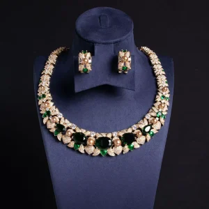 Fashion Shine Vintage Gold Plated Cubic Zircon Bridal Jewelry Set Women Exquisite Flower Geometry Necklace Stud Earring Wedding
