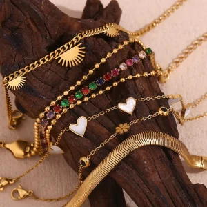 Fashion Shining Colorful Zircon Beaded Heart Chain Bracelet 18k Gold Plated Stainless Steel Women Bracelets Jewelry