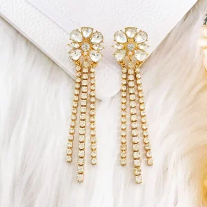 Fashion Shiny Crystal Long Tassel Earrings Big Rhinestone Flower Earrings for Women