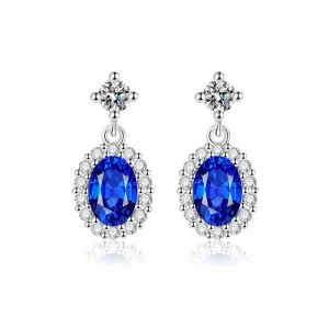 Fashion Shiny Oval Blue Cubic Zirconia CZ Dangle Earrings Party Christmas Jewelry Gift Drop Earrings for Women