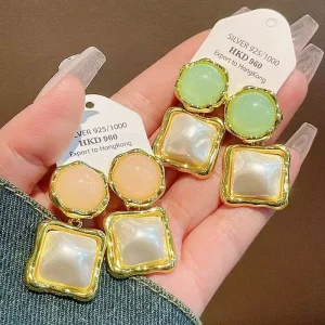Fashion Silver Needle Geometric Pearl Earrings Elegant Design Sense Earrings Square Pendant Trendy Earrings for Women