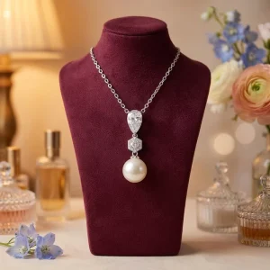 Fashion Silver Plated Big Pearl Pendant Necklace Brass CZ Geometric Bridal Vintage Link Chain Tarnish Free Factory