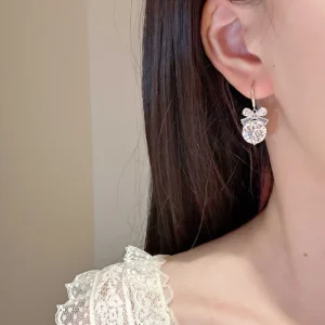 Fashion Silver Plated Copper Bowknot Pear Cut Zircon Dangle Earrings Shiny Crystal Hook Drop Earrings Women Daily Jewelry