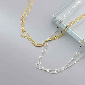 Fashion Simle Link Three Layer Disc Chains Necklaces for Lady 100% Real 925 Sterling Silver Jewelry