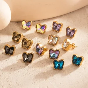 Fashion Simple 18K Gold Titanium Stainless Steel Zirconia Crystal Butterfly Stud Earrings Jewelry SS-113