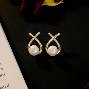 Fashion Simple Earrings Trend Big Pearl Crystal Diamond Stud Earrings Water Drop Geometric Ladies Elegant Jewelry