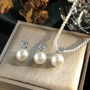 Fashion Simple Pearl Necklace Earrings with Cubic Zircon Fashionable Women Luxury Trendy Jewelry Set Gift