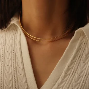 Fashion Simple Thin Double Layered Choker 18 K Stainless Steel Gold Plated Adjustable Wire Double Strand Choker Cuff Necklace