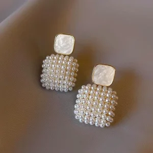 Fashion Simple White Square Pearl Pendant Earrings Korean Trendy and Elegant Jewelry Gift for Girls Women