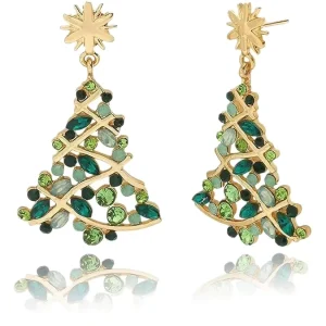 Fashion Snow Green Crystal Dazzling Zircon Gold Plated Trendy Dangle Earrings Brass Plant Shape Christmas Tree for Women Party