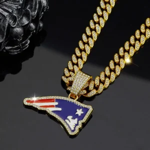 Fashion Sports New England Patriots Custom Champion Pendant Necklace Enamel Team Logo Iced CZ Diamond Cuban Link Chain Hip Hop