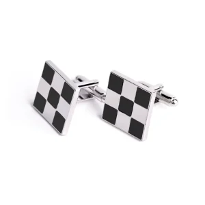 Fashion Square Checkered Wedding Enameled Black and White Cufflinks