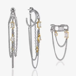 Fashion Stainless Steel 18K Gold Plated C Shaped Zircon Tassel Earrings and Rings Jewelry Set
