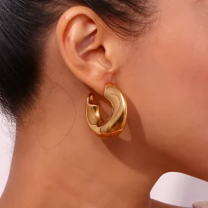 Fashion Stainless Steel 18K Gold Plated Hollow Irregular Streamlined Round C Shape Hoop Earrings Women