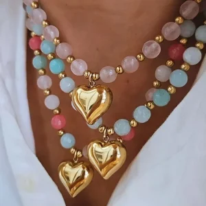 Fashion Stainless Steel Beaded Chain Jewelry 18K Gold Plated Colorful Heart Pendant Bead Choker Necklace for Women