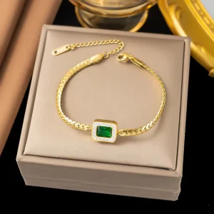 Fashion Stainless Steel Bracelet Small Niche Simple Unique High end Temperament Retro Green Square ZIRCON Women’s Bracelet